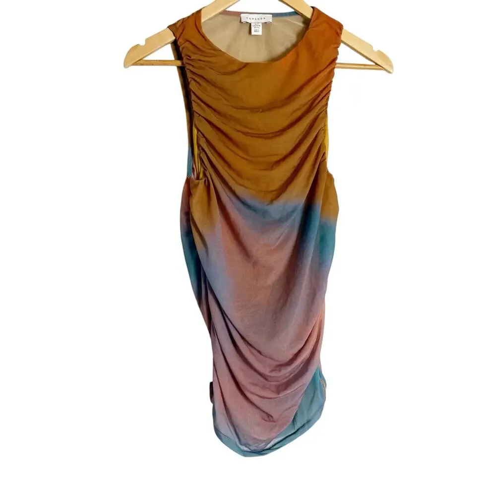 Topshop Rust Purple Ombre Ruched Draped Sleeveless Artsy Modern Top Size Small